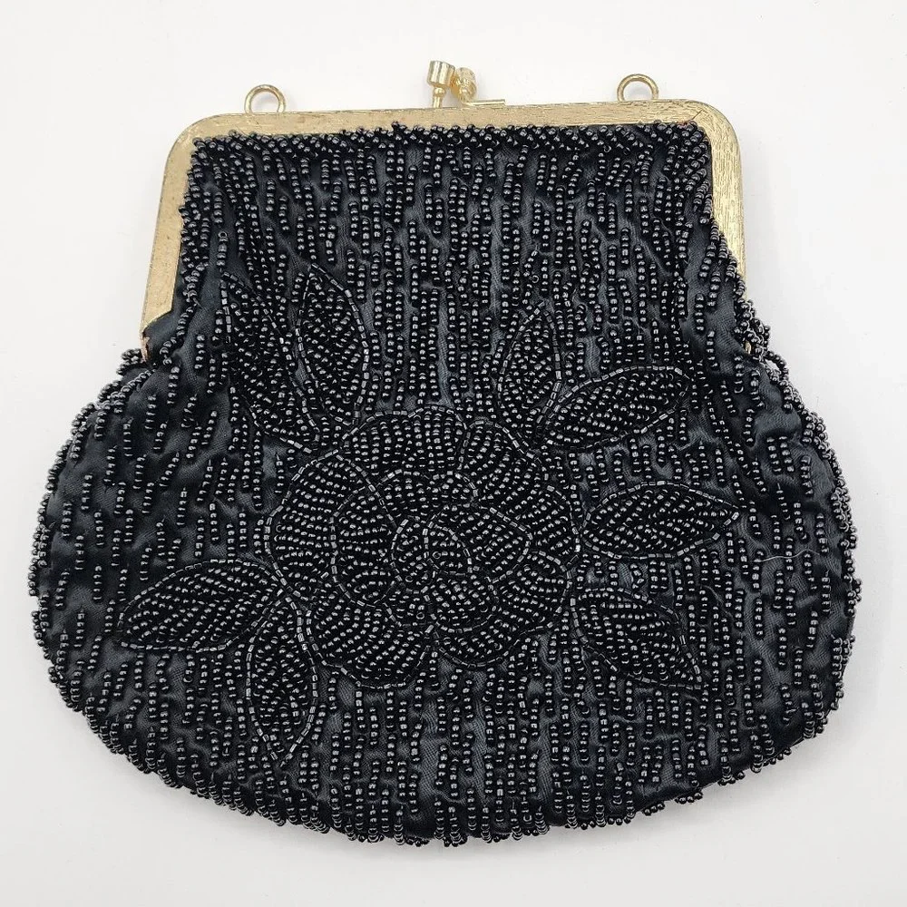 Vintage La Regale Women's Beaded Black Cocktail Party Clutch No Shoulder Chain